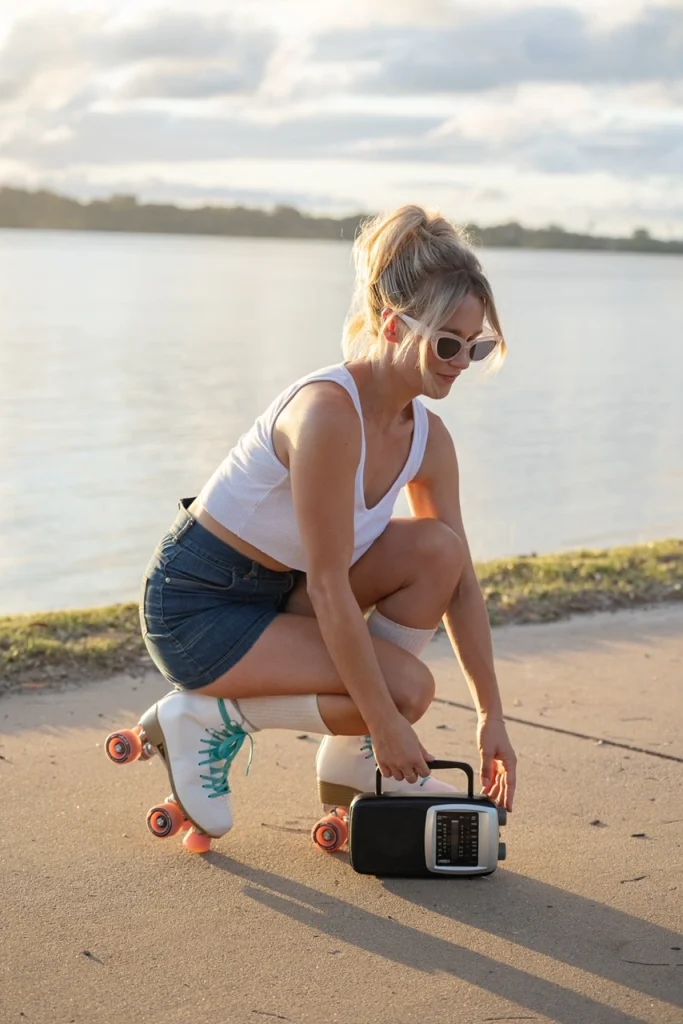 Woman wearing rollerskates and holding cassette player.